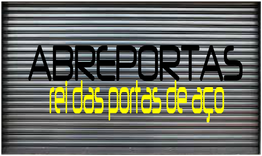 Porta de aço cinza com texto: "ABREPORTAS, rei das portas de aço".