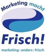 Logo mit Text: "Marketing macht frisch! marketing:anders:frisch" in Blau- und Lilatönen.