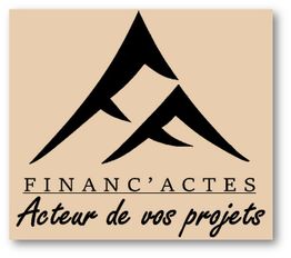 Logo avec deux triangles noirs et texte "FINANC'ACTES Acteur de vos projets" sur fond beige.