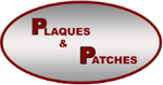 Logo with "Plaques & Patches" in red text on a grey oval background.