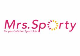 Logo von Mrs. Sporty, ihr persönlicher Sportclub, in pink mit gelbem Kreis.