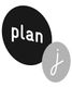 Schwarze und graue Ellipsen mit Text: "plan" und "j" in weißer Schrift vor grauem Hintergrund.