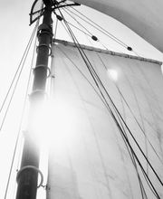 Schwarz-weiß Bild eines Segels mit Sonne dahinter, die durch den Mast scheint.
