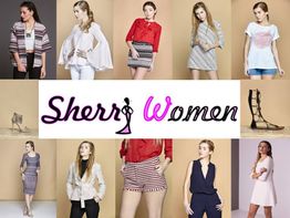 Mujeres modelando ropa variada con el logo "Sherri Women" en el centro de la imagen.