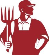 Silhouette eines Landwirts in Schürze mit Heugabel, rot gefärbt.