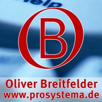Logo mit rotem Buchstaben "B", Text: Oliver Breitfelder, www.prosystema.de, unscharfer Hintergrund.