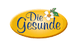 Gelbes Logo "Die Gesunde" mit Blume, grünem Blatt, blauer Schrift auf ovalem Hintergrund.