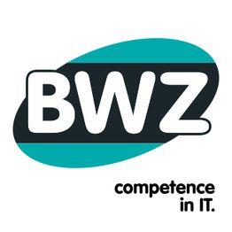 BWZ-Logo mit Slogan "competence in IT." in schwarzer und türkiser Farbgestaltung.