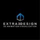 Logo von "Extra 3 Design", 3D-Animation und Visualisierung, mit blau-grauem Grafikemblem.