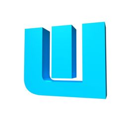 Blaues 3D-Logo in Form eines umgekehrten "U" mit rechteckigem Mittelbalken auf weißem Hintergrund.