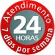 Selo vermelho e cinza com os dizeres "Atendimento 24 horas, 7 dias por semana".