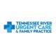 Logo: Tennessee River Urgent Care & Family Practice, blue cross with river design.