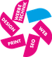 Grafik mit Worten: Design, Werbetechnik, Web, SEO, Print in pinken Formen um eine blaue Spitze.