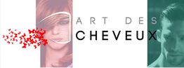 Due persone accanto al testo "Art des Cheveux" con farfalle rosse decorative.