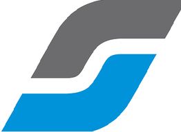 Logo com formas curvas, cinza e azul, entrelaçadas em um design moderno e abstrato.