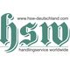Logo mit Text: "hsw, www.hsw-deutschland.com, handlingservice worldwide", in grüner Schrift.