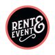 Zwart logo met witte tekst "RENT & EVENT" en een rode rand.