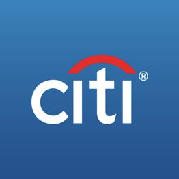 Logotipo da marca com "citi" em branco e arco vermelho sobre fundo azul.