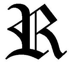 Schwarzer gotischer Buchstabe "R" auf weißem Hintergrund.