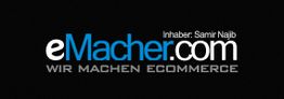 Logo von eMacher.com mit dem Slogan "Wir machen Ecommerce", schwarzer Hintergrund.