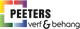 Logo van Peeters Verf & Behang met kleurvlakjes en zwarte tekst.