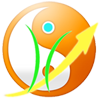 Yin-Yang-Symbol in Orange mit Gras und gelbem Pfeil nach oben.