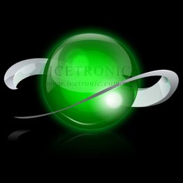 Bola verde brillante con cintas grises sobre fondo negro.