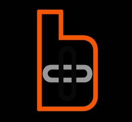 Orange "b" mit grauem Kettenglied auf schwarzem Hintergrund.