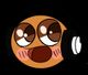 Niedliches, lachendes Emoji mit großen Augen und Kopfhörern auf schwarzem Hintergrund.