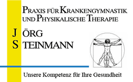 Praxislogo für Krankengymnastik und Physiotherapie, Vitruvianischer Mensch, Name Jörg Steinmann.