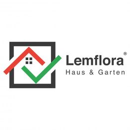 Logo von Lemflora Haus & Garten mit rotem Dach und grünem Haken in einem schwarzen Quadrat.