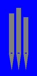 Graue Grafik mit drei vertikalen Stiften auf blauem Hintergrund.