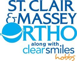 Text logo: "St. Clair & Massey Ortho along with Clear Smiles Hobbs" with a smiling face icon.