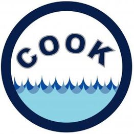 Logo with the word "COOK" above stylized blue waves inside a dark blue circle.