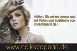Werbung mit Frau, die Perlenkette trägt. Text: "collectapearl.de" und Slogan über Schmuck.