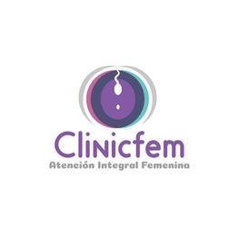 Logo de Clinicfem con eslogan "Atención Integral Femenina" en tonos morado y gris.