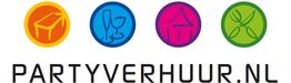 Logo met vier pictogrammen: tafel, glazen, tent, bestek. Tekst: PARTYVERHUUR.NL.