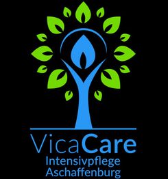 Logo von VicaCare Intensivpflege Aschaffenburg mit blauem Baum und grünen Blättern.