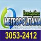 Logotipo Desentupidora Metropolitana com número de telefone: 3053-2412. Fundo azul e verde.