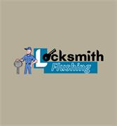 Illustration of a locksmith holding a key next to the text "Locksmith Flushing."