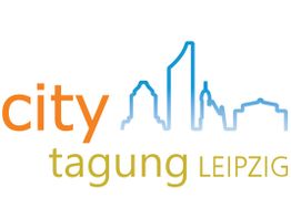 Stilisiertes Leipziger Stadtbild mit den Worten "city tagung LEIPZIG" in farbiger Schrift.