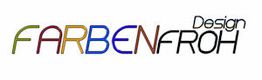 "Bunter Schriftzug 'FARBENFROH Design' auf weißem Hintergrund."