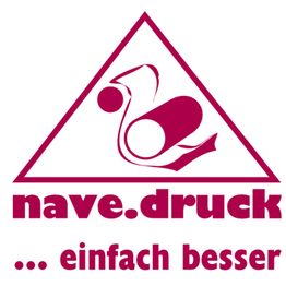 Logo mit Text "nave.druck ... einfach besser" und stilisiertem Drucker-Symbol in rotem Dreieck.