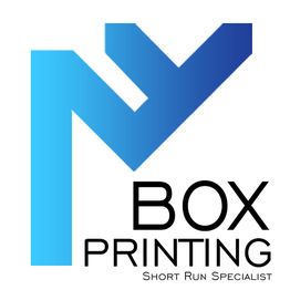 Blue and white logo with text "Box Printing, Short Run Specialist."