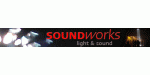 Logo mit Text "SOUNDworks light & sound", umgeben von Beleuchtungseffekten.