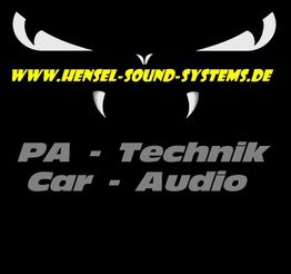 Website Text "www.hensel-sound-systems.de", Augen und Slogan "PA-Technik, Car-Audio" auf Schwarz.