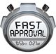 Stopwatch with "Fast Approval" text and times displayed as 0:53:47 and 0:27:08.