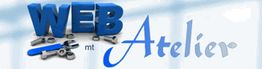 Der Text "WEB Atelier" in blauer Schrift mit Werkzeugen als Hintergrund.