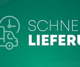 „Schnelle Lieferung“-Text auf grünem Hintergrund mit LKW- und Uhr-Symbol.