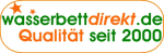 Logo von wasserbettdirekt.de mit Text "Qualität seit 2000" in Orange und Grün.